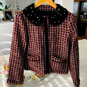 Zara RARE Tweed Wool Embellished
Collar Fantasy Carreaux Pearl